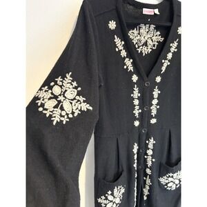 Boho Embroidered Wool Button Down Knee Length Dress Woman Floral Long Sleeves M